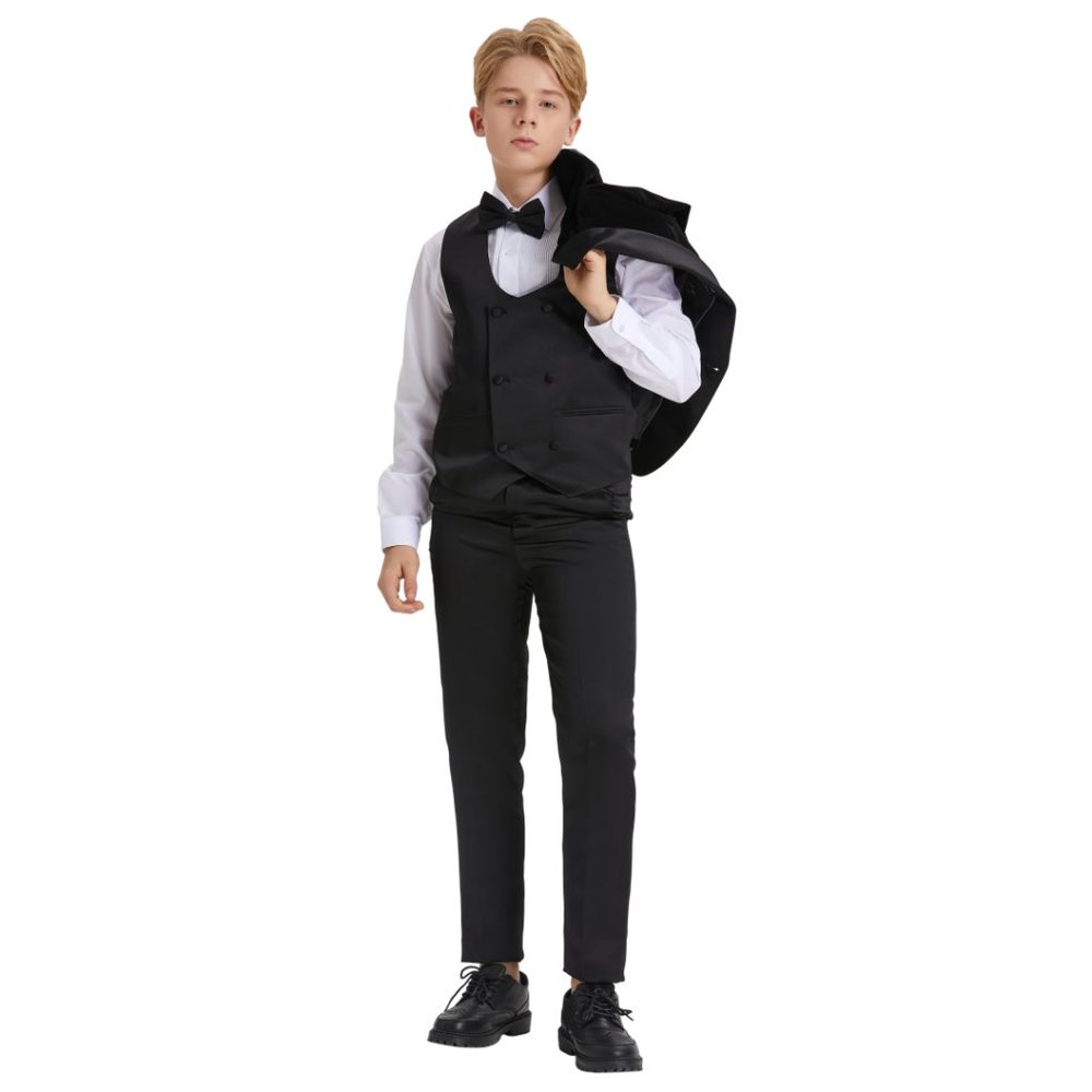 5pc Boys Tuxedo Black Velvet Includes Dress Shirt and Bowtie by Tazzio - Picture 2 of 4